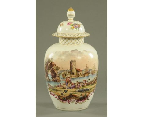 A large Samson of Paris porcelain vase and cover, late 19th century, hand painted in the Meissen style with figures by a harb
