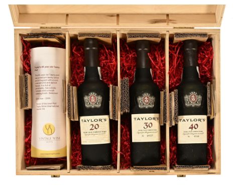 A set of three 37.5 cl bottles of Taylors 20, 30 and 40 year old Tawny Port, aged in wood, in original case with Vintage Wine