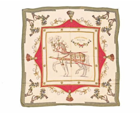 A vintage Hermes scarf "Harnais Francais Premier Empire", silk with hand stitched edges, +/- 88 cm square (see illustration).