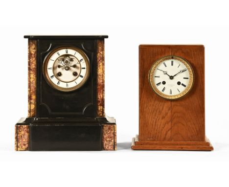 A Victorian black slate and marble mantle clock, with two train movement and visible Brocot escapement.  Height 28 cm, togeth