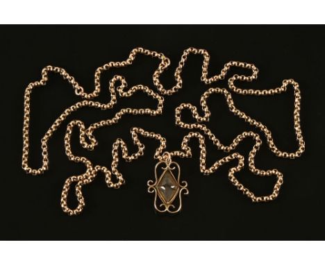 A 9 ct gold guard chain with moss agate pendant, 37.2 grams (see illustration).