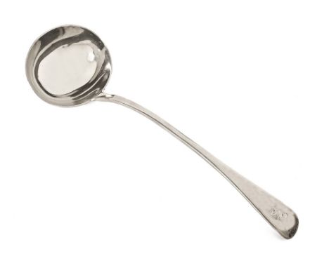 An Old English pattern silver soup ladle, London 1868 by George Richards Elkington.  33 cm long.  +/- 287 grams.