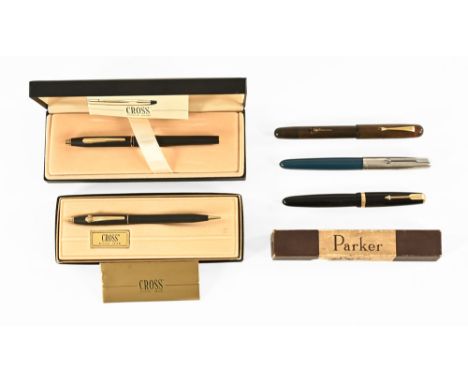 A vintage Cross fountain pen, propelling pencil, two Parker fountain pens and a Relief fountain pen (5). CONDITION REPORT: Th