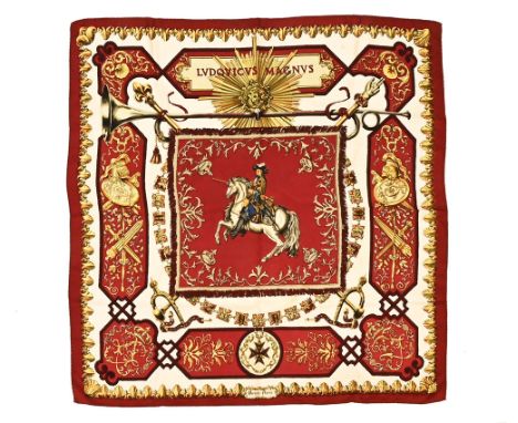 A vintage Hermes scarf "Lvdovicves Magnve", Francois de la Perrere, silk with hand stitched edges, +/- 88 cm square.
