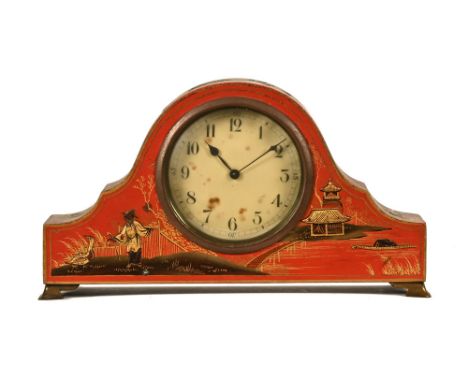 A chinoiserie lacquered mantle clock, with single train movement.  Height 14 cm, width 24 cm, depth 7 cm. CONDITION REPORT: T