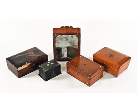 A small antique mahogany framed mirror, together with a Japanese lacquered table box, an inlaid mother of pearl caddy and two