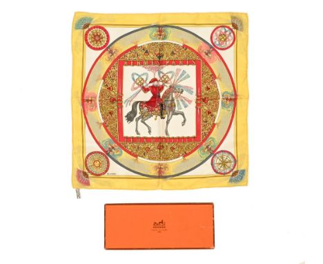 A vintage Hermes handkerchief, silk with hand stitched edges, +/- 41 cm square.