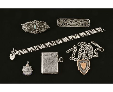 A collection of miscellaneous silver and other jewellery, including Vesta case, Border Regiment badge, Albert chain etc.
