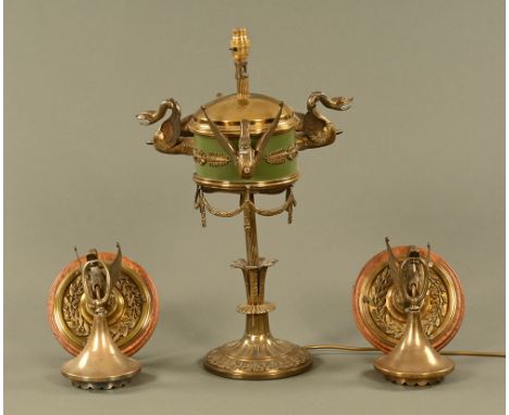 An antique table lamp and pair of matching wall lights, table lamp height 60 cm.