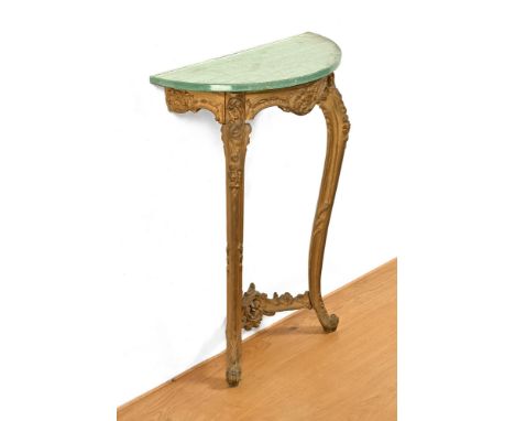 An Edwardian gilt painted wooden console table, with demi lune marble top.  Height 86 cm, width 54 cm, depth 27 cm.