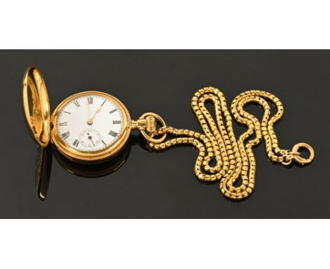 An 18 ct gold fob watch, knob wind and with "Keystone" case, the enamelled dial with subsidiary seconds dial and gold coloure