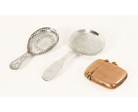 Two bright cut caddy spoons, one 1803 by Cocks and Bettridge, the other Sheffield marks rubbed and a gold plated Vesta case.