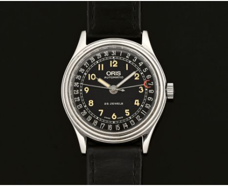 An Oris vintage stainless steel pointer date automatic wristwatch, 1950, 25 jewels, Ref. 634, black dial with luminous Arabic