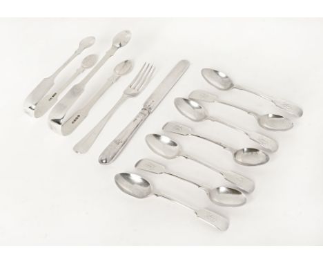 A collection of silver cutlery by a variety of English makers, to include a dessert knife and fork, two tongs and seven teasp