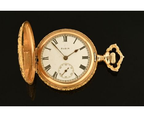 A 14 ct gold Elgin pocket watch, with keystone case, knob wind, case 34 mm. CONDITION REPORT: Gross weight 35 grams. The inne
