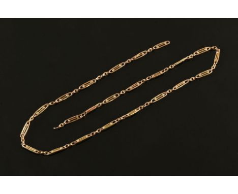 A 9 ct gold necklace, elongated chain links, damaged clasp.  10.7 grams.
