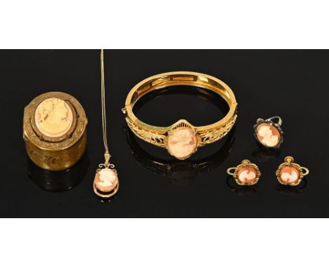 A cameo bracelet, ring, earrings, pendant and small box. CONDITION REPORT: The cameo pendant and chain are stamped 10 k. The 