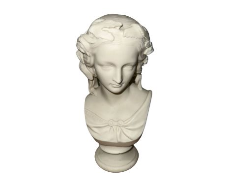 A Copeland parian bust ‘Miranda’ raised on a socle, after W C Marshall R A Sculpt, inscribed to socle ‘Crystal Palace Art Uni