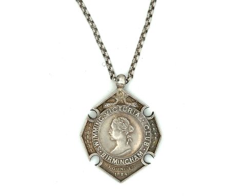 A ‘Victoria Swimming Club Birmingham 1884’ hallmarked silver swimming medal by David Hollander &amp; Son with chain.