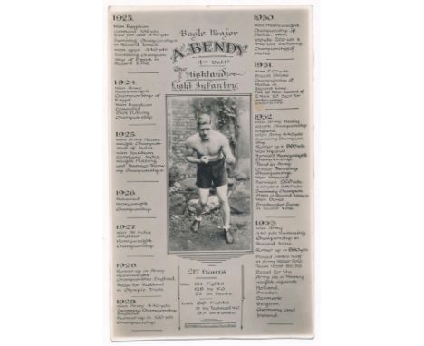 Boxing – ‘Bugle Major A. Bendy’ The Highland Light Infantry boxing postcard featuring timeline stats of his incredible sporti
