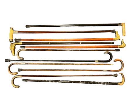 Collection of eleven walking sticks, including one with a brass duck head handle, one with a brass horse head handle, one wit