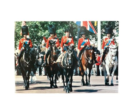1986 Christmas Card from HM Queen Elizabeth. Front cover with colour photograph of The Royal Family Trooping the Colour. Inte