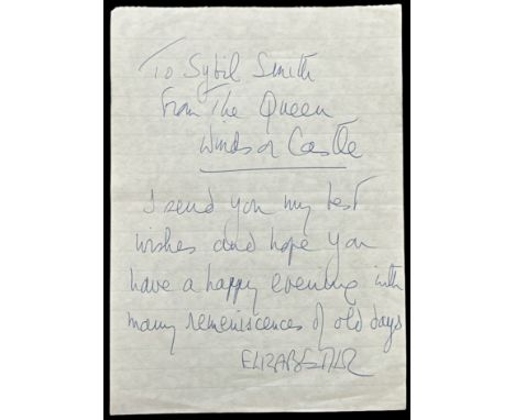 A handwritten note sent by HM Queen Elizabeth II to Sybil Smith. The note is one-sided and is written on lined notepaper. It 