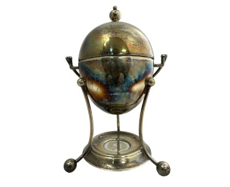 A silver plated egg coddler or egg cooker, 10" to top of swing handle, marked "R.R. SHEFFIELD E. P. N. S.", unmonogrammed, th