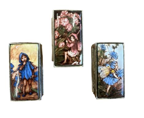 Three 925 silver hinged Art Nouveau style pill boxes with Pixie/Fairy &amp; flower designs to top of each box, design on enam