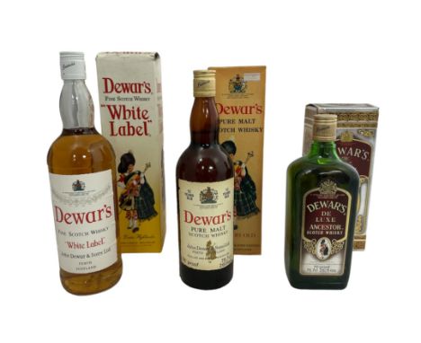 Dewar's Scotch Whisky range of 3 boxed bottles with "White Label", "De Luxe Ancestor" and 12 Year Old bottle. Qty 3