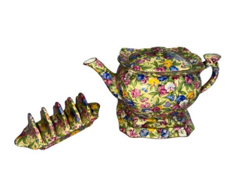 Royal Winton "Sweet Pea" Teapot with stand and toast rack, all in excellent condition.