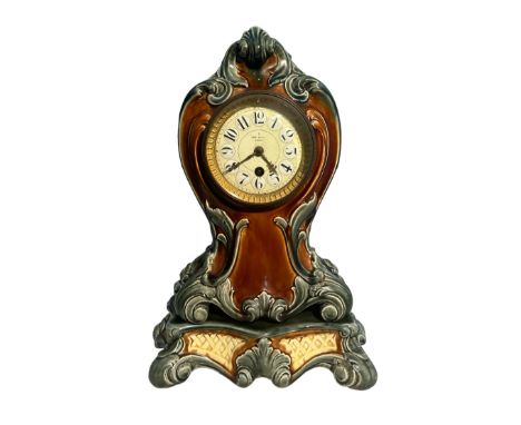 Henry Marc of Paris, A late 19th century French Louis XV style ormolu mounted porcelain mantel clock in turquoise and brown t