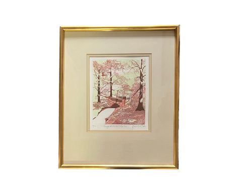 ‘Bridge at Constable Burton’ colour limited edition etching or aquatint print by Hermione Smith(?), of a park bridge scene wi