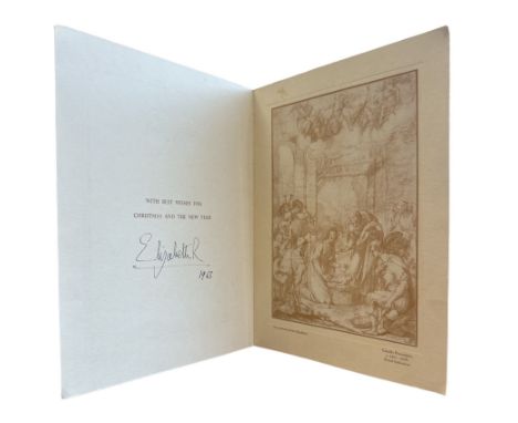 A 1963 Christmas Card from HM Queen Elizabeth II. Two embossed Royal cyphers to the cover. Interior with print of The Adorati