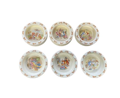 Royal Doulton Bunnykins Childs Dinner Service to include two-handled cups (4), mugs (4, 3 are damaged), egg-cups (3), bowls (