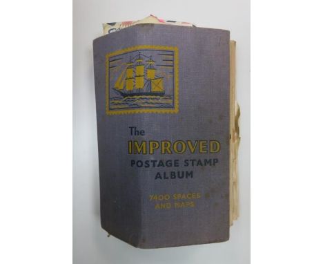 A well-filled Worldwide childhood “hobby style” ‘The Improved Postage Stamp Album’ including various small quantities of pred