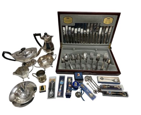 A range of silver plated and other items, including a silver plated Art Deco coffee/ tea service, a Viners 58 piece canteen o