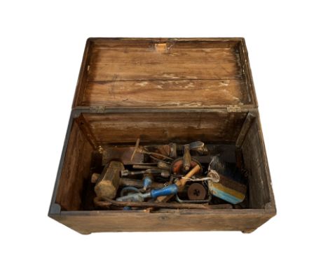 Range of old tools in wooden chest with ranges of hand drills, mallets, plane etc, all in wooden chest with metal handles to 