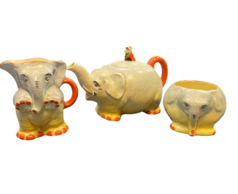 A 1930’s Royal Venton Holdcroft three piece hand-painted elephant tea set by J Steventon & Sons Ltd. Comprising, teapot, suga