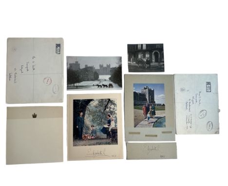 Two partial Christmas cards sent by HM The Elizabeth II, missing front covers. The first from 1957 with a colour photo of the