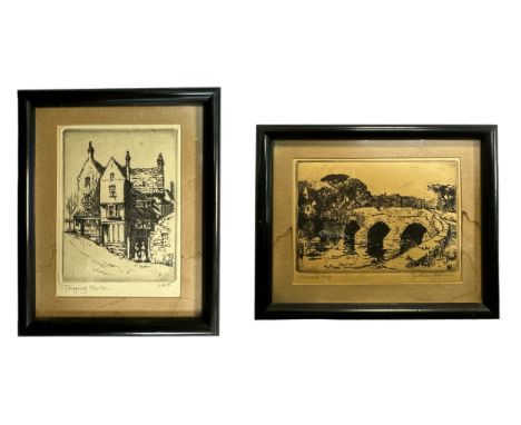 J William Hepburn (British, early 20th Century) – A pair of miniature etchings, to include; ‘Cramond Brig’ black and white et