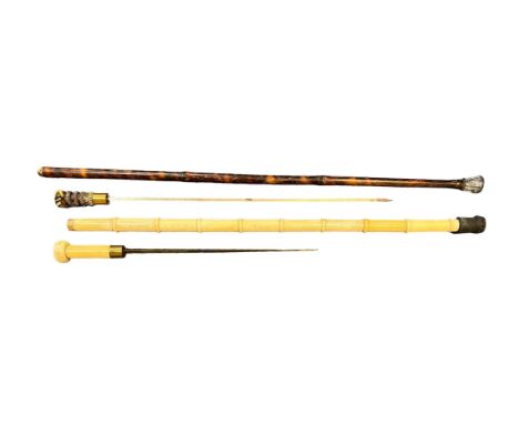 Pair of sword / dagger sticks, one with bone has 37.5cm blade (90cm total length), other has carved snake around hand top wit
