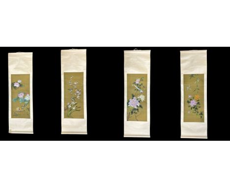 Chinese hand Painted on Silk Scroll Flower &amp; Bird, Hong Kong made hanging scroll artworks with differing designs to inclu
