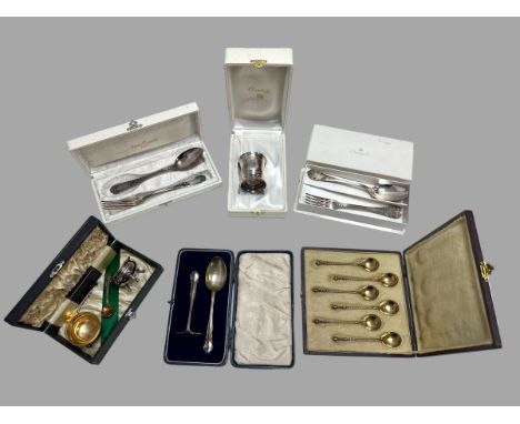 A range of silver, silver plate &amp; white metal items including a boxed Christofle christening cup, boxed Christofle christ