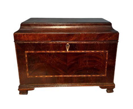 Inlaid mahogany tea caddy, missing divider, width 24.5cm, depth 13cm, height 19cm.