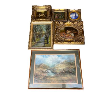 A selection of seven artworks and prints to include a convex farm scene featuring two goats and chickens in a large gilt fram