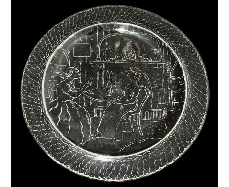 A Wedgwood hand painted metallic silver coloured plate with a Regency style interior design, two women seated at a table in f