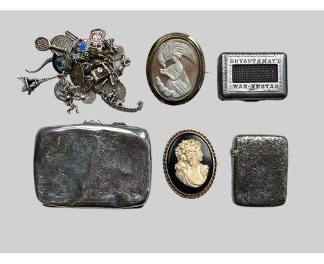 A range of items including a hallmarked silver card case (badly dented), a charm bracelet, 2 cameo brooches, a lighter casing