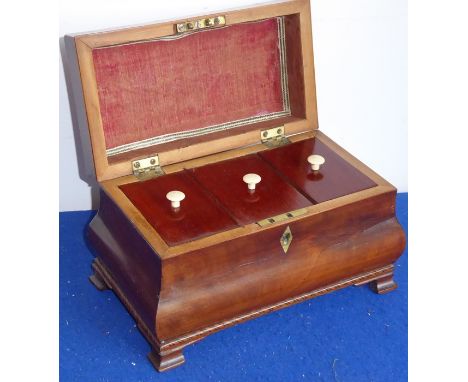 A late 18th century George III period mahogany and chequer-strung bombe-shaped tea caddy; the gilt-metal swan-neck handle on 