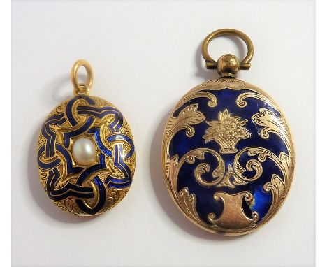 Two mid-Victorian yellow-gold and blue-enamel lockets, each of oval design; one with entrelac decoration and a half pearl to 
